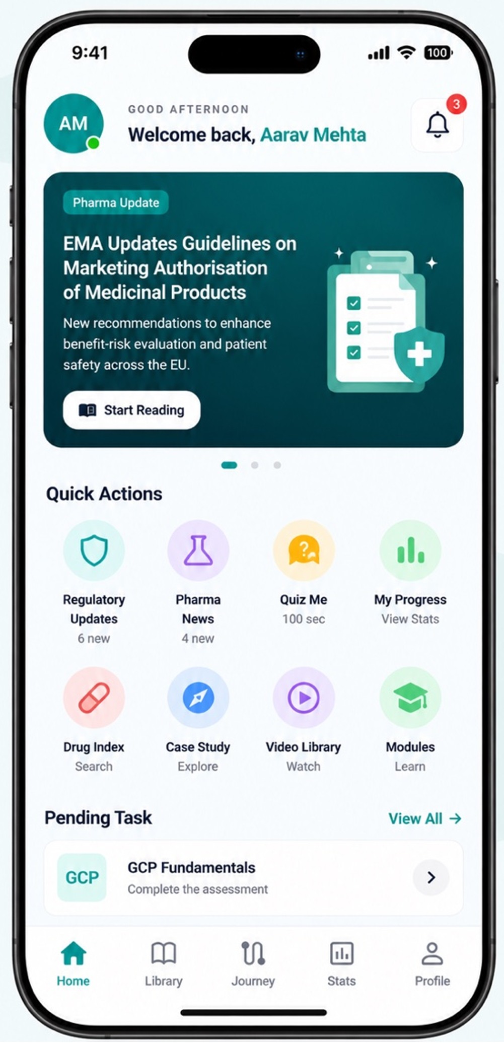 SEEKImpact mobile home screen with regulatory updates, quick actions and a pending GCP assessment